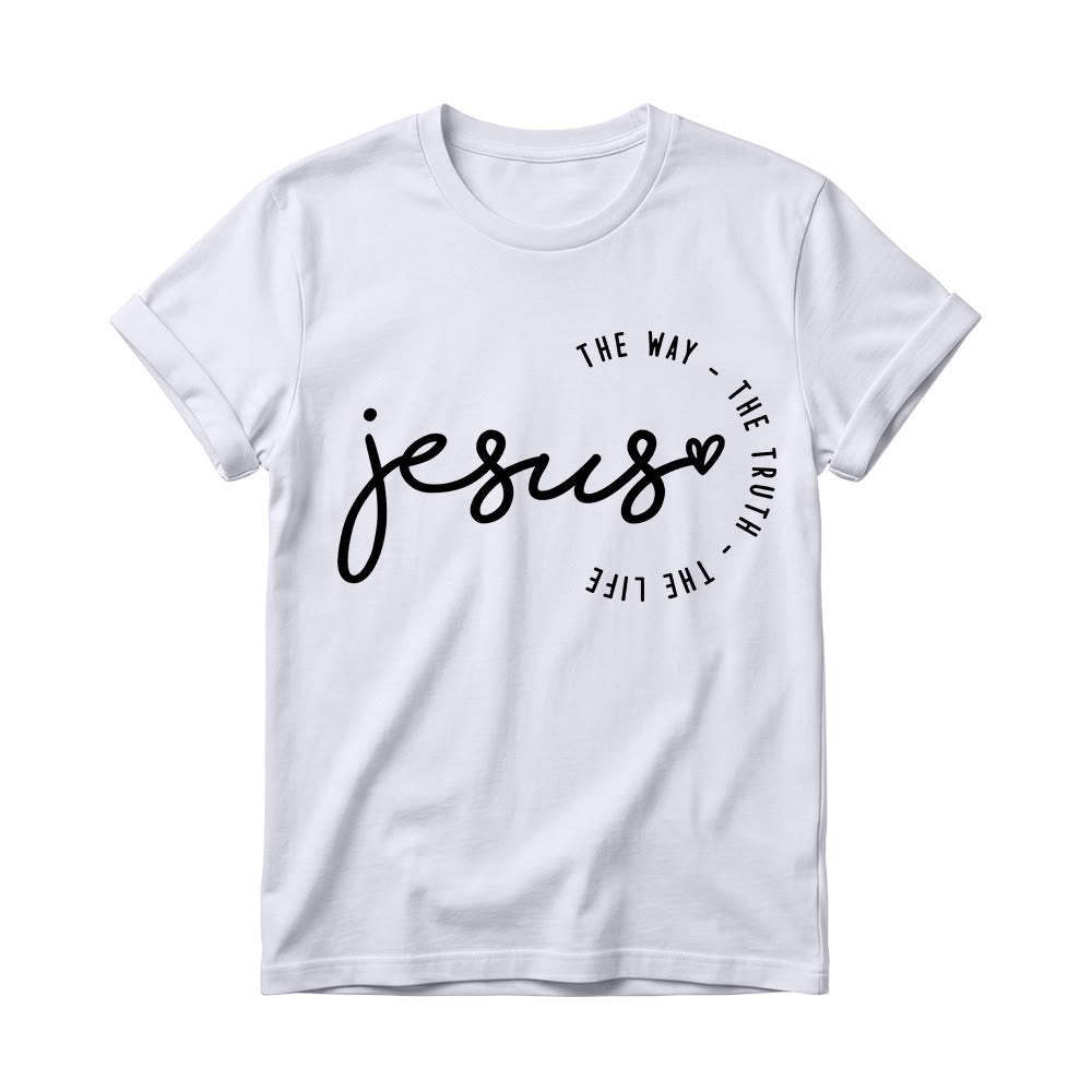 Christianartworkshop Handwritten Jesus Heart Accent Curved Arc The Way The Truth The Life Women’s Crewnecks T-shirt - White - 4XL - image 4