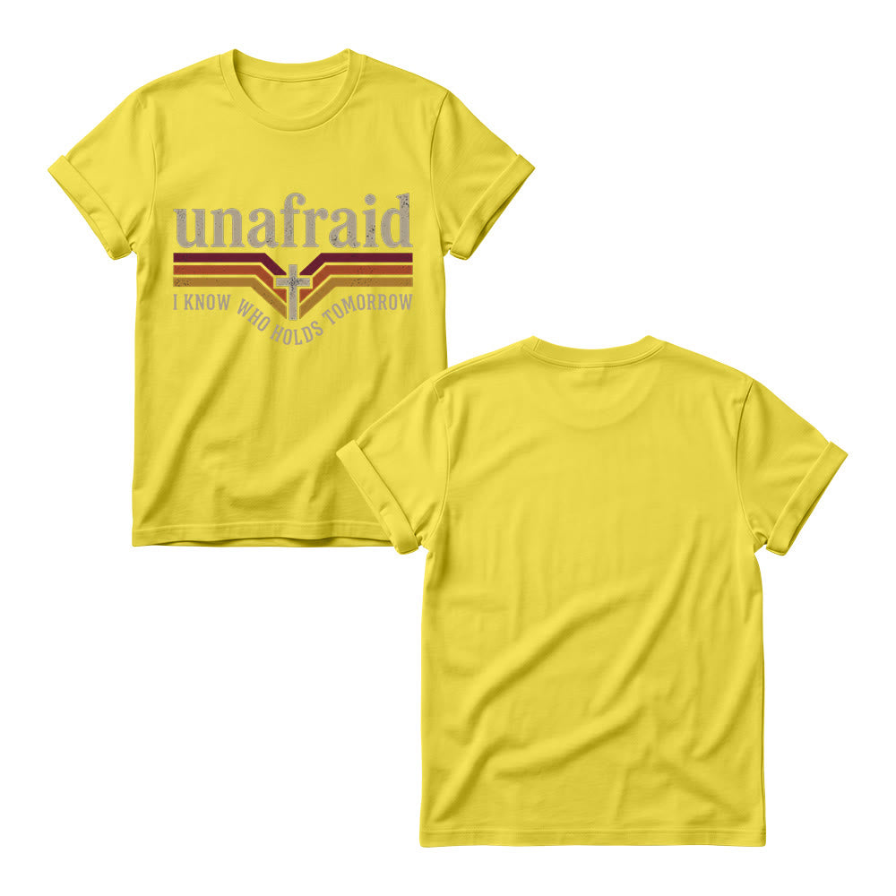 Christianartworkshop Retro Striped Cross Unafraid Curved Bottom Slogan Women’s Crewnecks T-shirt - image 9