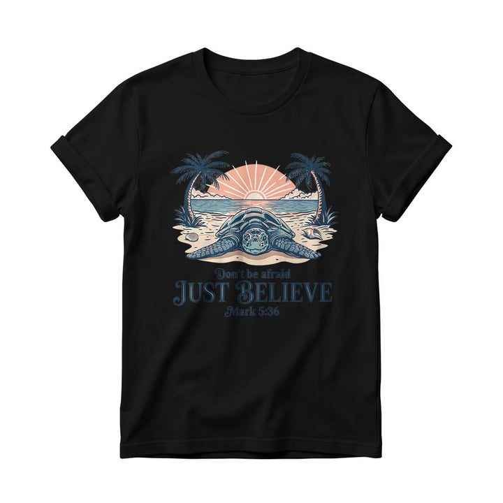 Christianartworkshop Beach Sunset Palm Sea Turtle Don’t Be Afraid Just Believe Mark 5:36 Women’s Crewnecks T-shirt - Black - 4XL - image 2