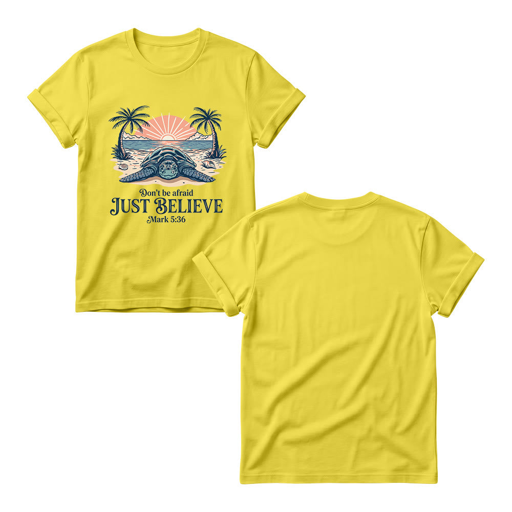 Christianartworkshop Beach Sunset Palm Sea Turtle Don’t Be Afraid Just Believe Mark 5:36 Women’s Crewnecks T-shirt - image 9