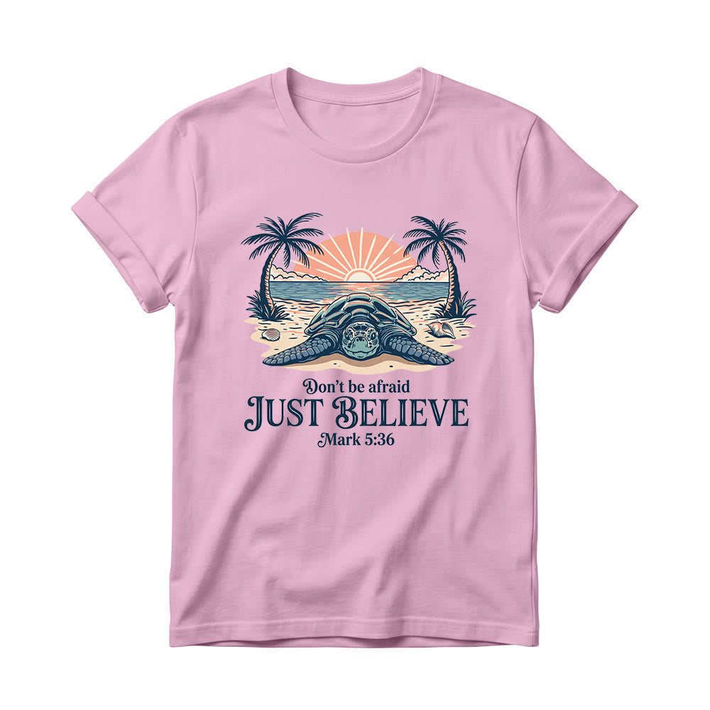 Christianartworkshop Beach Sunset Palm Sea Turtle Don’t Be Afraid Just Believe Mark 5:36 Women’s Crewnecks T-shirt - Pink - 4XL - image 4