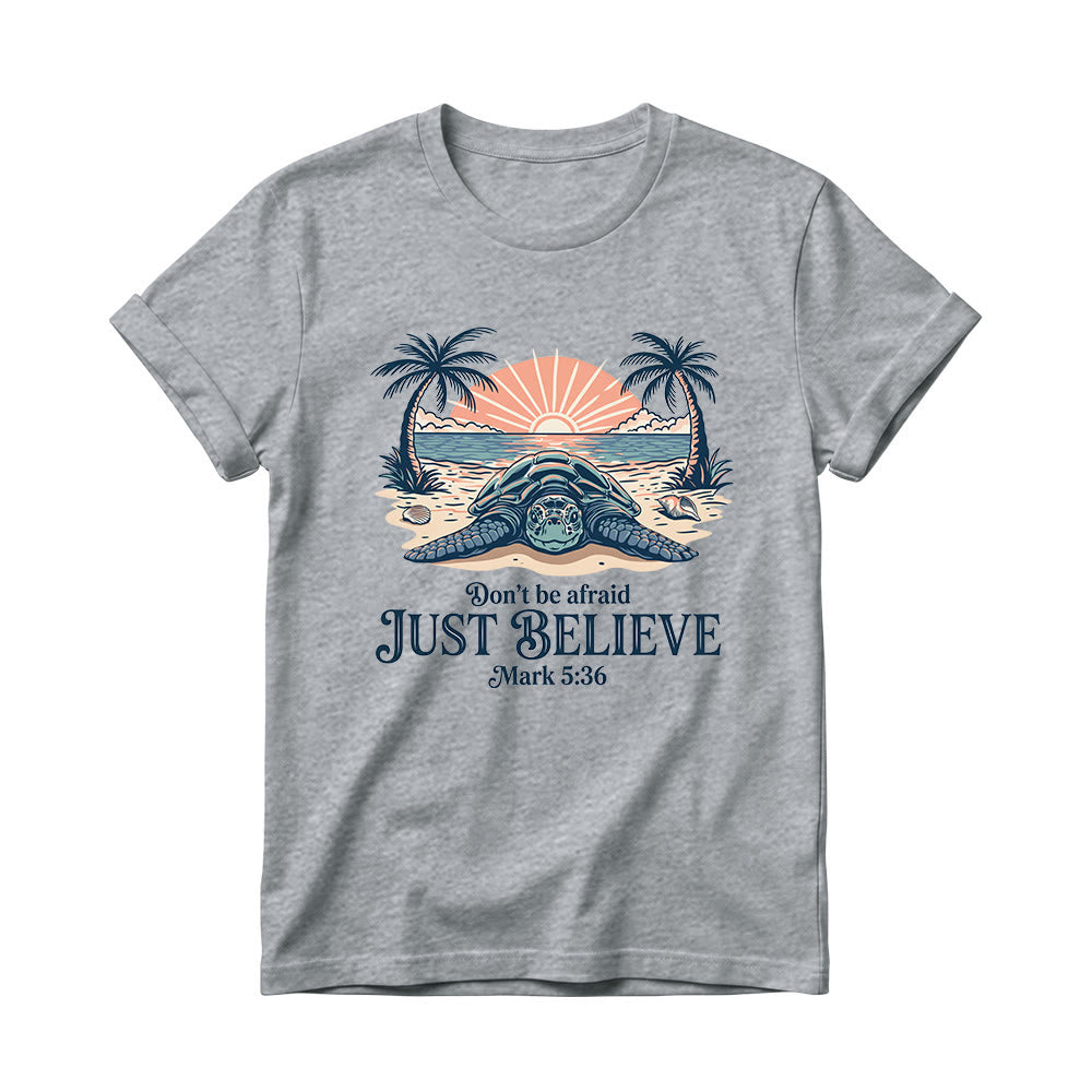 Christianartworkshop Beach Sunset Palm Sea Turtle Don’t Be Afraid Just Believe Mark 5:36 Women’s Crewnecks T-shirt - Grey - 4XL - image 10