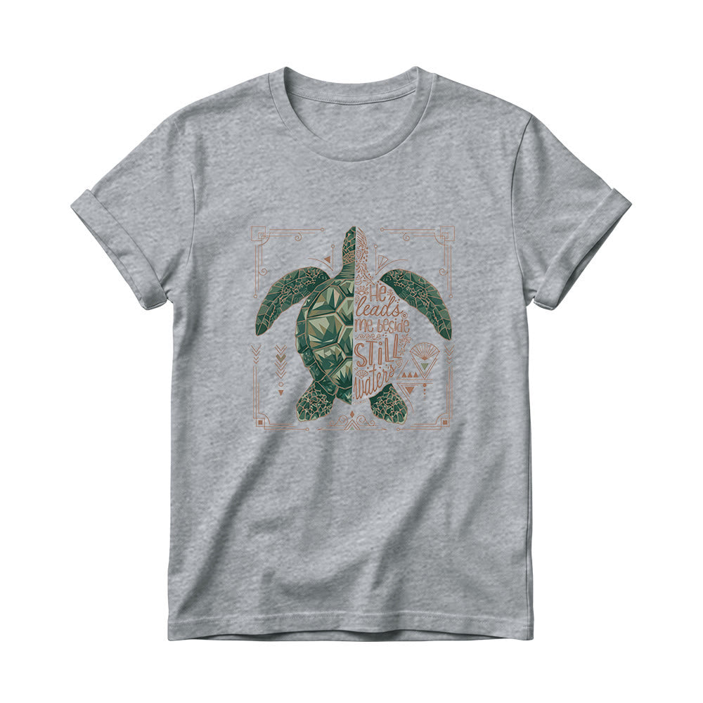 Christianartworkshop Split Geometric Sea Turtle Ornate Border Psalm Devotional Phrase Women’s Crewnecks T-shirt - Grey - 4XL - image 10