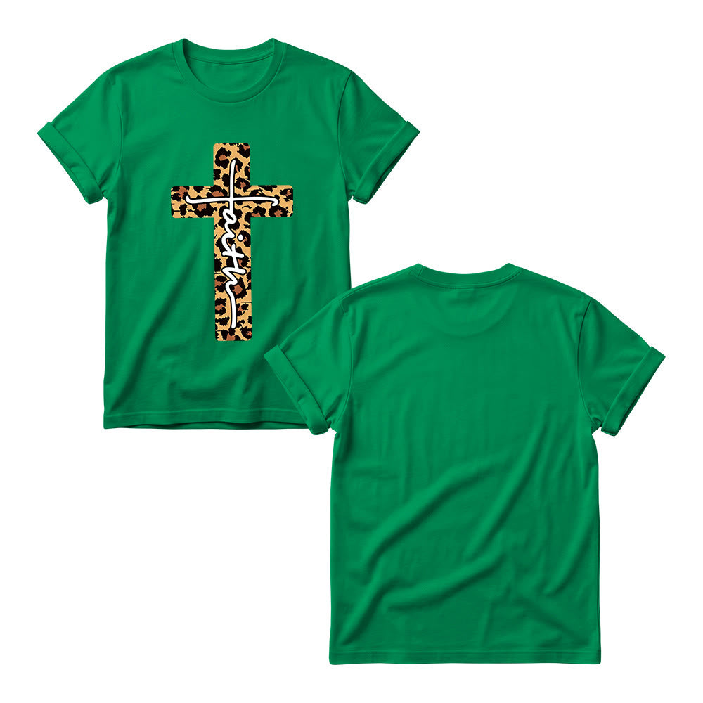 Christianartworkshop Leopard Print Cross Vertical Handwritten Faith Inside Letter Women’s Crewnecks T-shirt - image 17