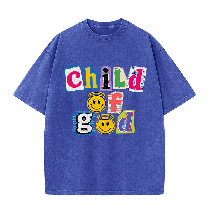Christianartworkshop Cutout Collage Child Of God Smiley Face Inlay Front Print Washed T‑Shirt - Blue - 5XL - image 4