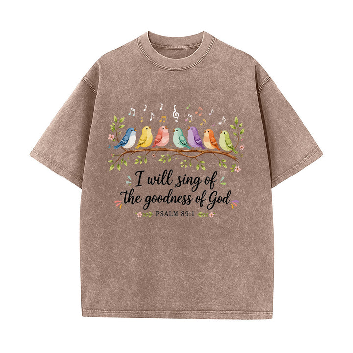 Christianartworkshop Branch Perched Songbirds Musical Note Floral Psalm 89:1 Worship Washed T‑Shirt - Brown - 5XL - image 0