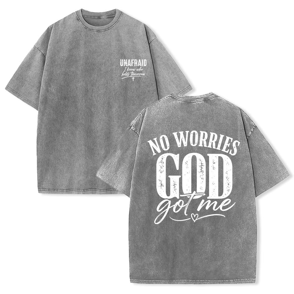 Christianartworkshop Left Chest Unafraid Cross Accent Back No Worries God Got Me Heart Detail Washed T‑Shirt - Grey - 5XL - image 6