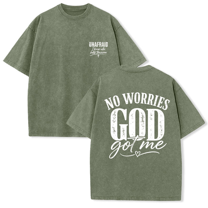 Christianartworkshop Left Chest Unafraid Cross Accent Back No Worries God Got Me Heart Detail Washed T‑Shirt - Army Green - 5XL - image 24