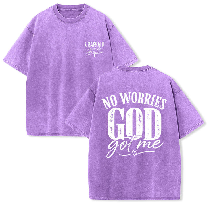 Christianartworkshop Left Chest Unafraid Cross Accent Back No Worries God Got Me Heart Detail Washed T‑Shirt - Purple - 5XL - image 18