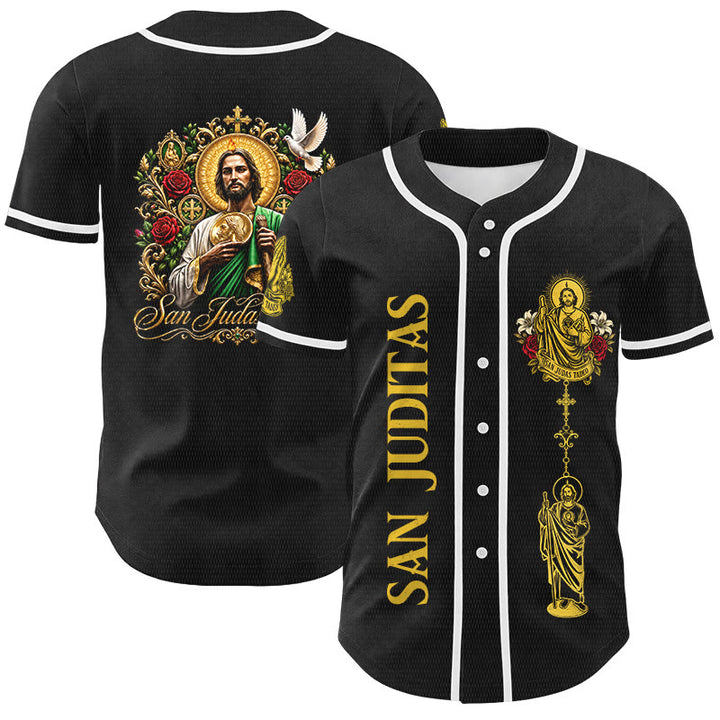 Christianartworkshop Front Vertical San Juditas Rosary Saint Graphic Back Lily Dove Saint Portrait Button-Up Baseball Jersey - Black - Yellow - 5XL - image 6