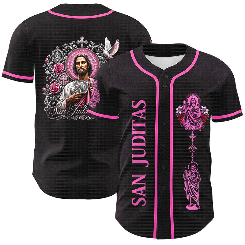 Christianartworkshop Front Vertical San Juditas Rosary Saint Graphic Back Lily Dove Saint Portrait Button-Up Baseball Jersey - Black - Pink - 5XL - image 3