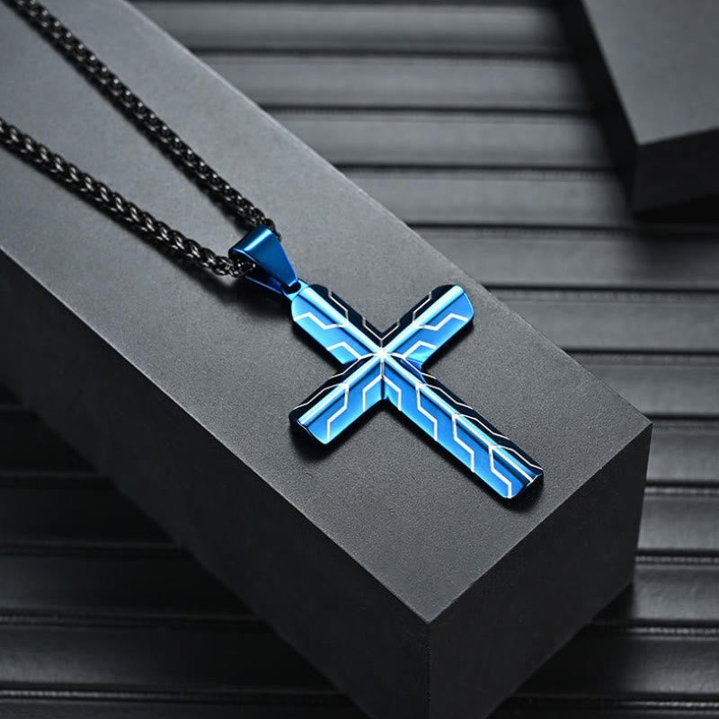 Christianartworkshop Gloss Blue Lightning Pattern Engraved Cross Pendant Necklace: Timeless Emblem of Gentle Heavenly Guardianship - image 2