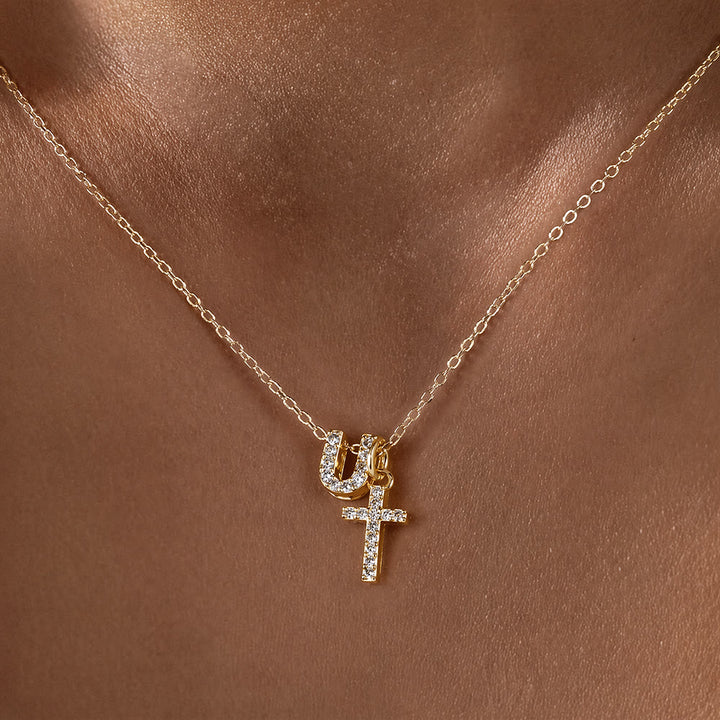 Christianartworkshop Custom Initial Letter A-Z Rhinestone Accent Cross Dual Charm Pendant Necklace: Timeless Emblem of Gentle Heavenly Guardianship - U - image 22