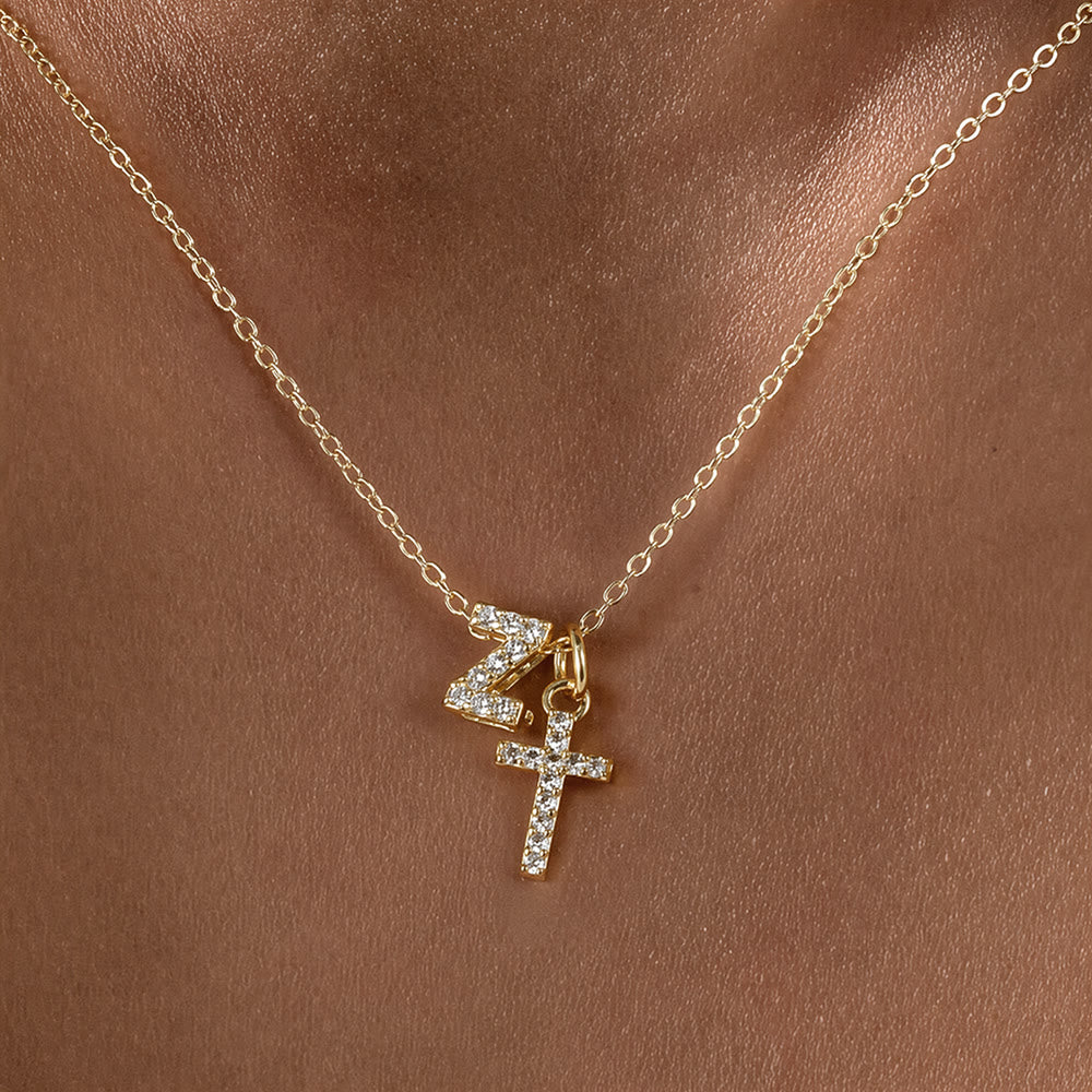 Christianartworkshop Custom Initial Letter A-Z Rhinestone Accent Cross Dual Charm Pendant Necklace: Timeless Emblem of Gentle Heavenly Guardianship - Z - image 27