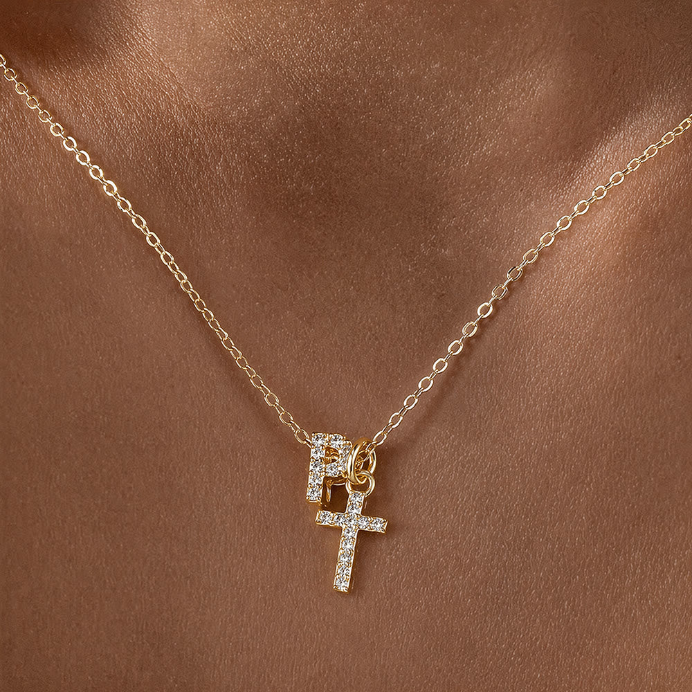Christianartworkshop Custom Initial Letter A-Z Rhinestone Accent Cross Dual Charm Pendant Necklace: Timeless Emblem of Gentle Heavenly Guardianship - P - image 17