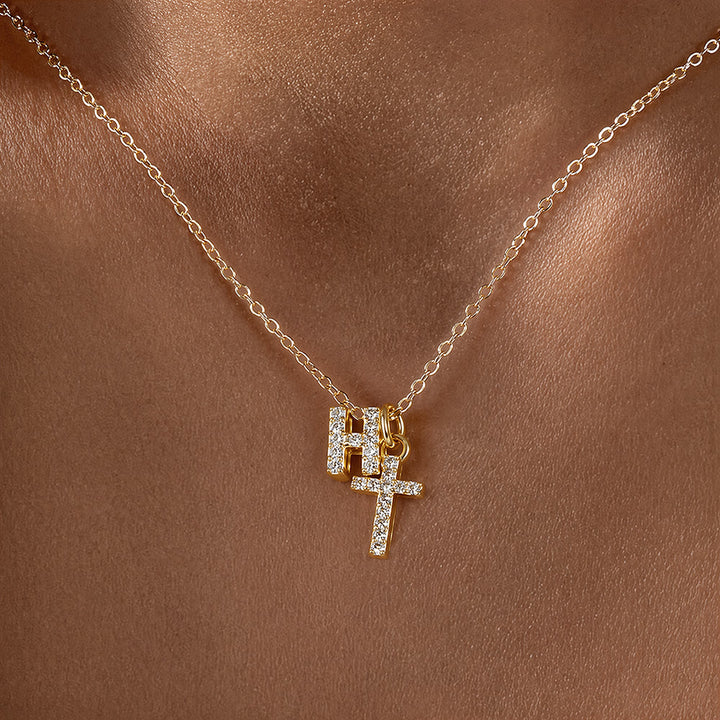 Christianartworkshop Custom Initial Letter A-Z Rhinestone Accent Cross Dual Charm Pendant Necklace: Timeless Emblem of Gentle Heavenly Guardianship - H - image 9