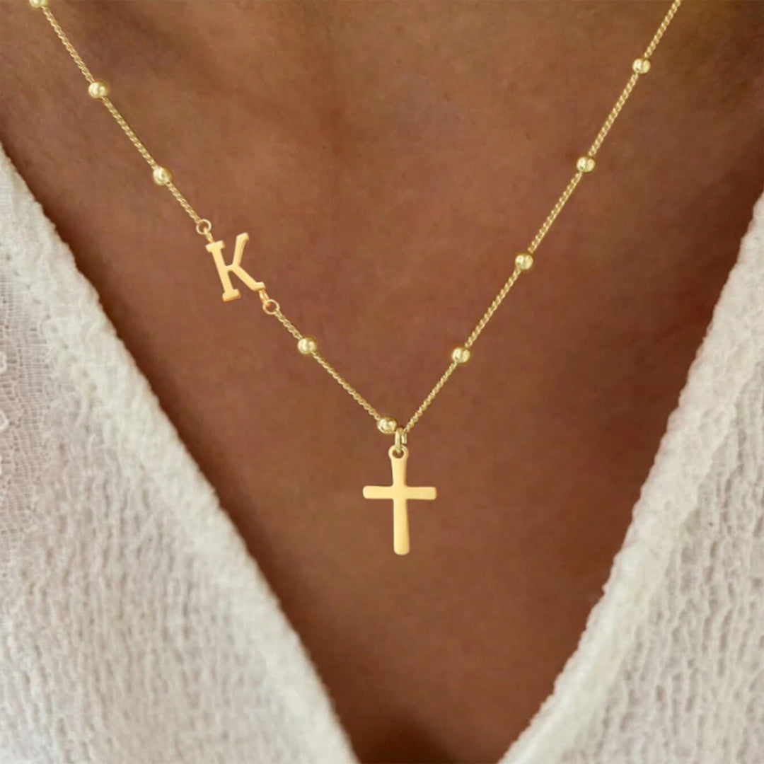 Christianartworkshop Beaded Chain Custom A-Z Initial Letter Side Charm Cross Pendant Necklace: Timeless Emblem of Gentle Heavenly Guardianship - Golden - K - image 0