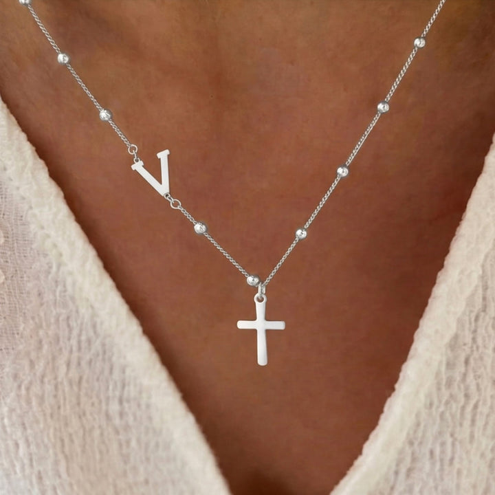 Christianartworkshop Beaded Chain Custom A-Z Initial Letter Side Charm Cross Pendant Necklace: Timeless Emblem of Gentle Heavenly Guardianship - Silver - V - image 47