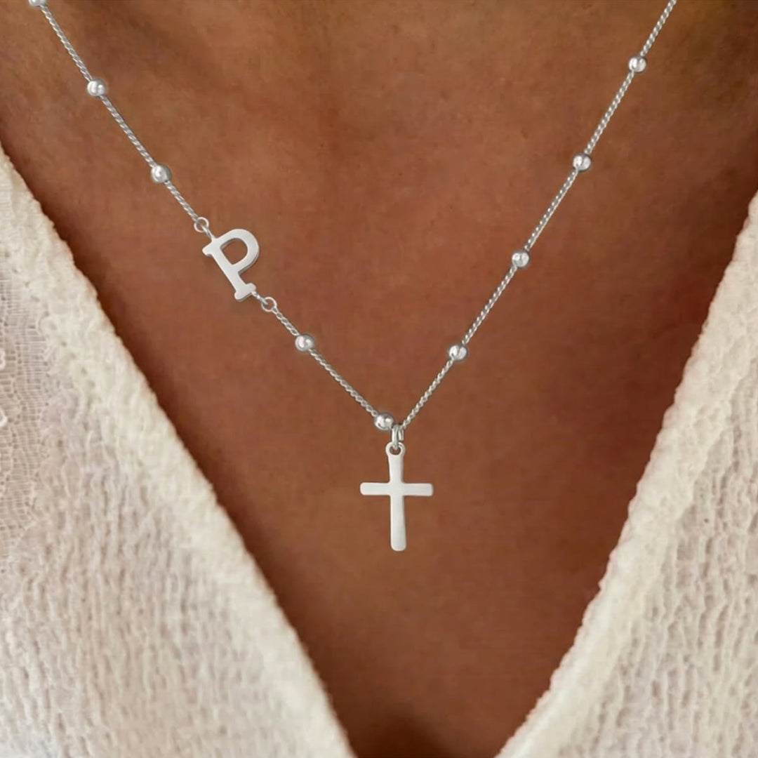 Christianartworkshop Beaded Chain Custom A-Z Initial Letter Side Charm Cross Pendant Necklace: Timeless Emblem of Gentle Heavenly Guardianship - Silver - P - image 41