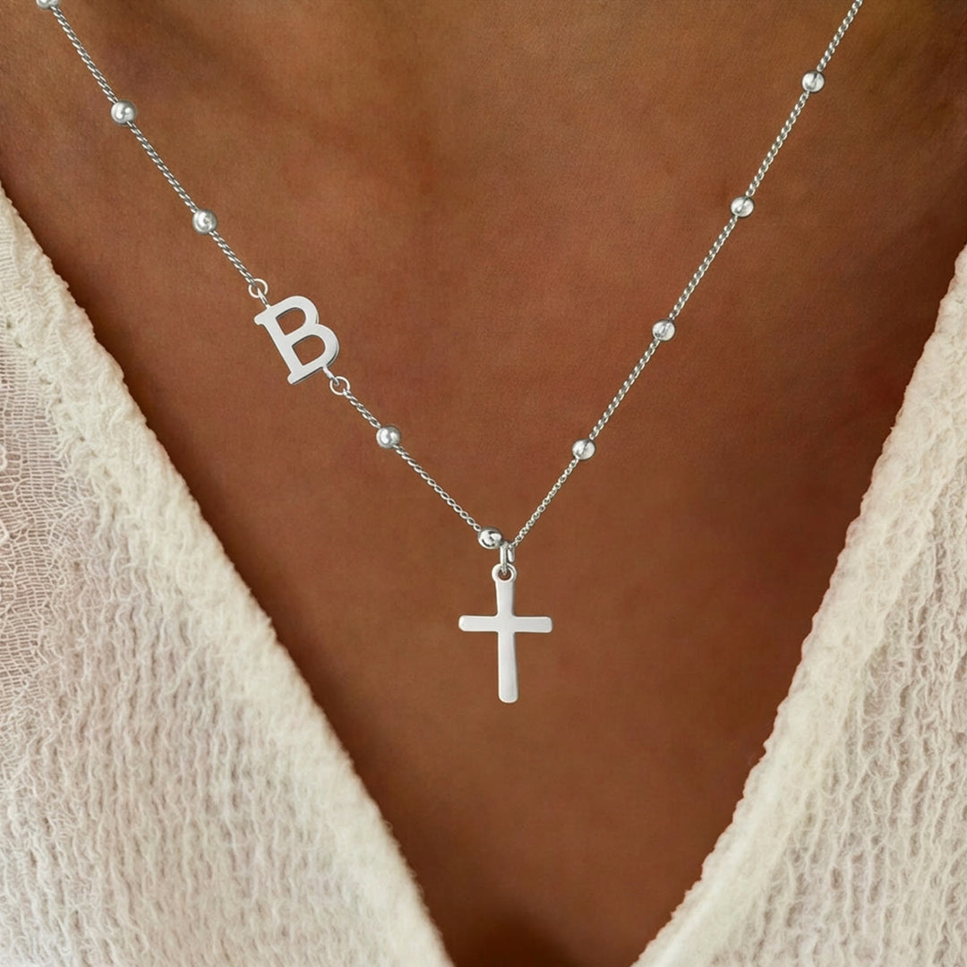 Christianartworkshop Beaded Chain Custom A-Z Initial Letter Side Charm Cross Pendant Necklace: Timeless Emblem of Gentle Heavenly Guardianship - Silver - B - image 28