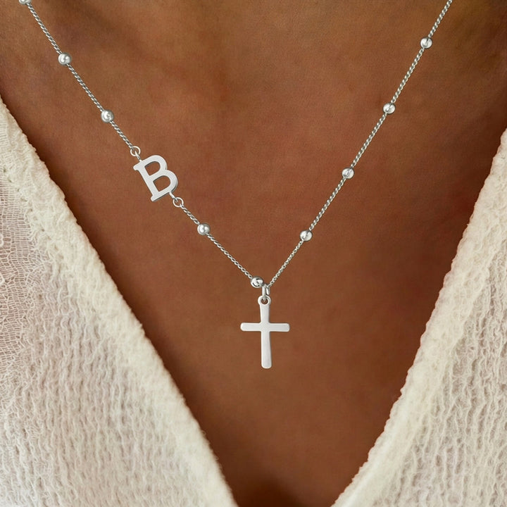Christianartworkshop Beaded Chain Custom A-Z Initial Letter Side Charm Cross Pendant Necklace: Timeless Emblem of Gentle Heavenly Guardianship - Silver - B - image 28