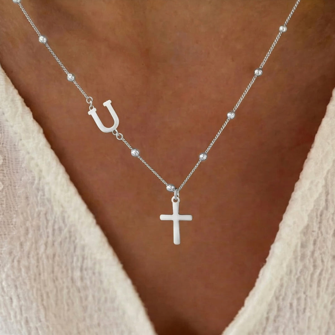 Christianartworkshop Beaded Chain Custom A-Z Initial Letter Side Charm Cross Pendant Necklace: Timeless Emblem of Gentle Heavenly Guardianship - Silver - U - image 46