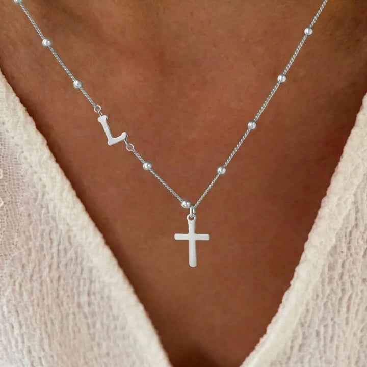 Christianartworkshop Beaded Chain Custom A-Z Initial Letter Side Charm Cross Pendant Necklace: Timeless Emblem of Gentle Heavenly Guardianship - Silver - L - image 37