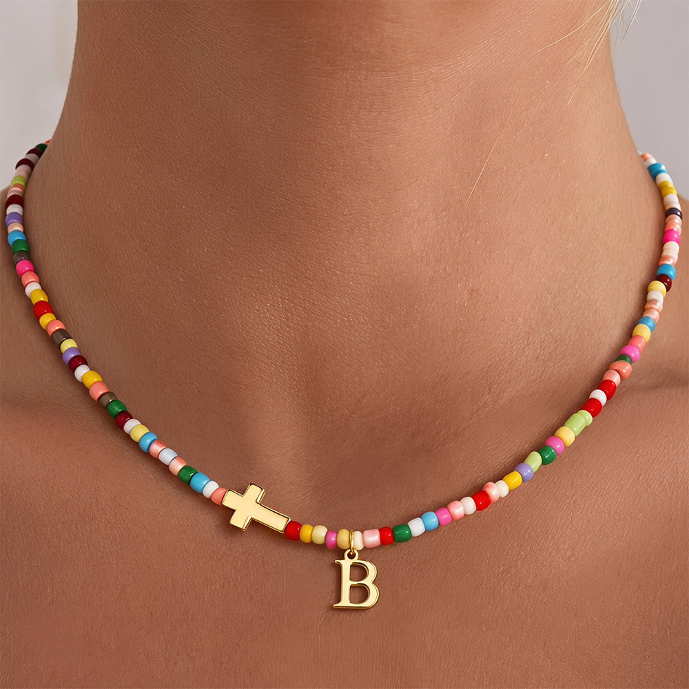 Christianartworkshop Personalized Alphabet Letter Cross Ornament Vibrant Bead Choker Necklace: Timeless Emblem of Gentle Heavenly Guardianship - B - image 3
