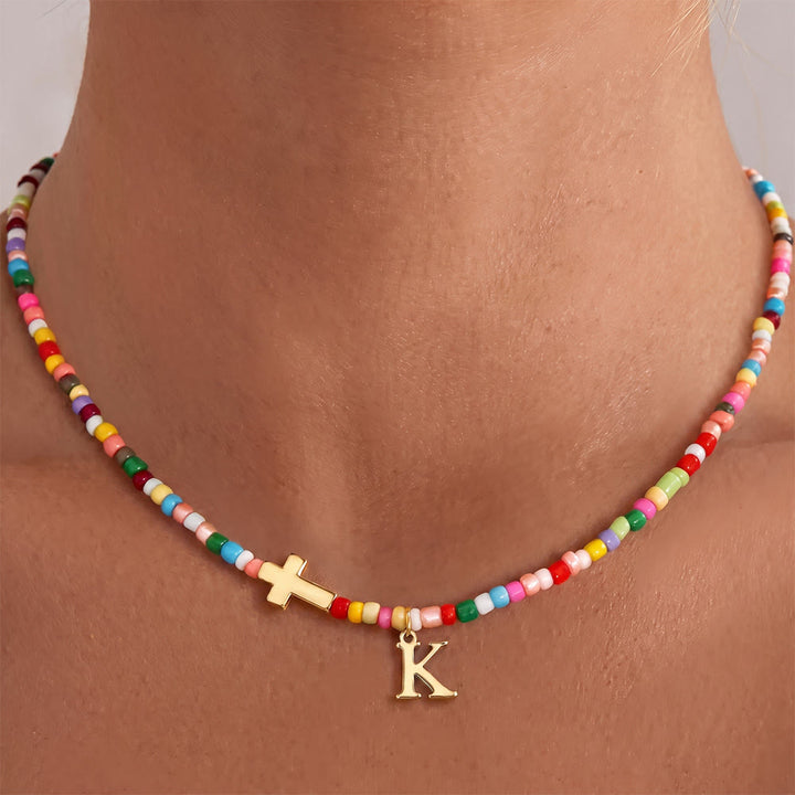 Christianartworkshop Personalized Alphabet Letter Cross Ornament Vibrant Bead Choker Necklace: Timeless Emblem of Gentle Heavenly Guardianship - K - image 12