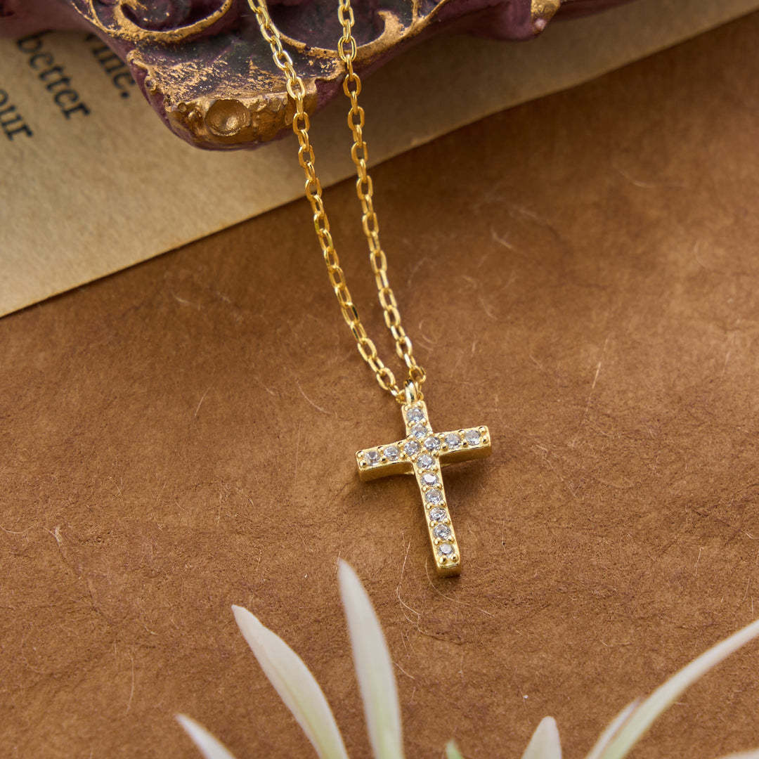 Christianartworkshop Dainty Sterling Silver Paved Accent Small Cross Daily Layering Necklace: Timeless Emblem of Gentle Heavenly Guardianship - Golden - image 2