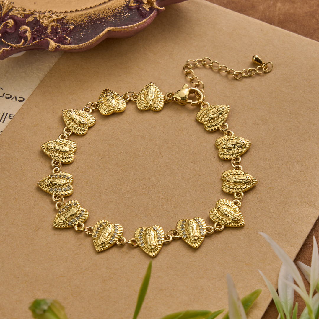 Christianartworkshop Our Lady of Guadalupe Heart Shaped Medallion Sparkle Trim Link Bracelet: Timeless Emblem of Gentle Heavenly Guardianship - image 1