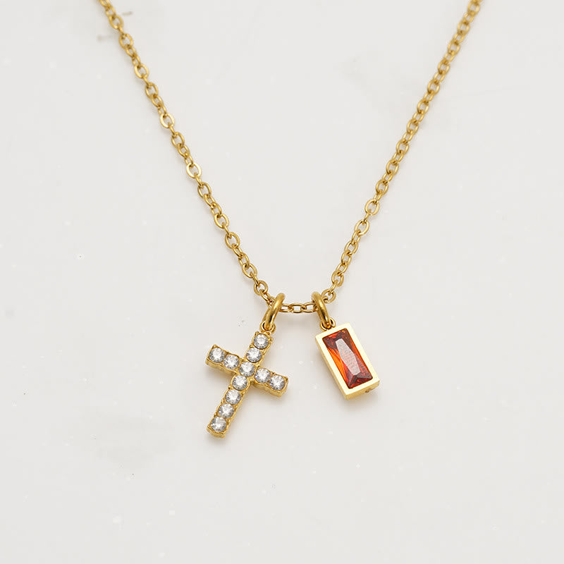 Christianartworkshop Custom Birth Month Rectangular Stone & Sparkle Cross Dual Charm Necklace: Timeless Emblem of Gentle Heavenly Guardianship - January - image 0