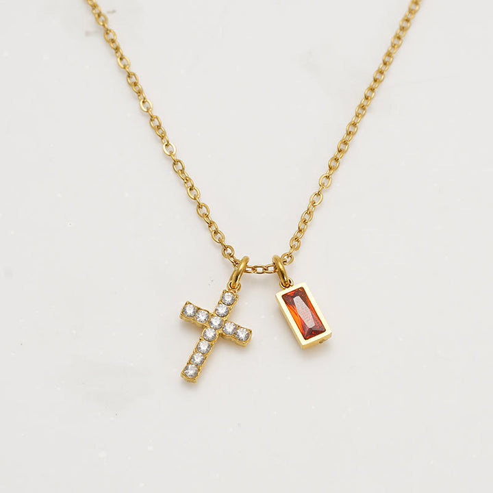 Christianartworkshop Custom Birth Month Rectangular Stone & Sparkle Cross Dual Charm Necklace: Timeless Emblem of Gentle Heavenly Guardianship - January - image 0
