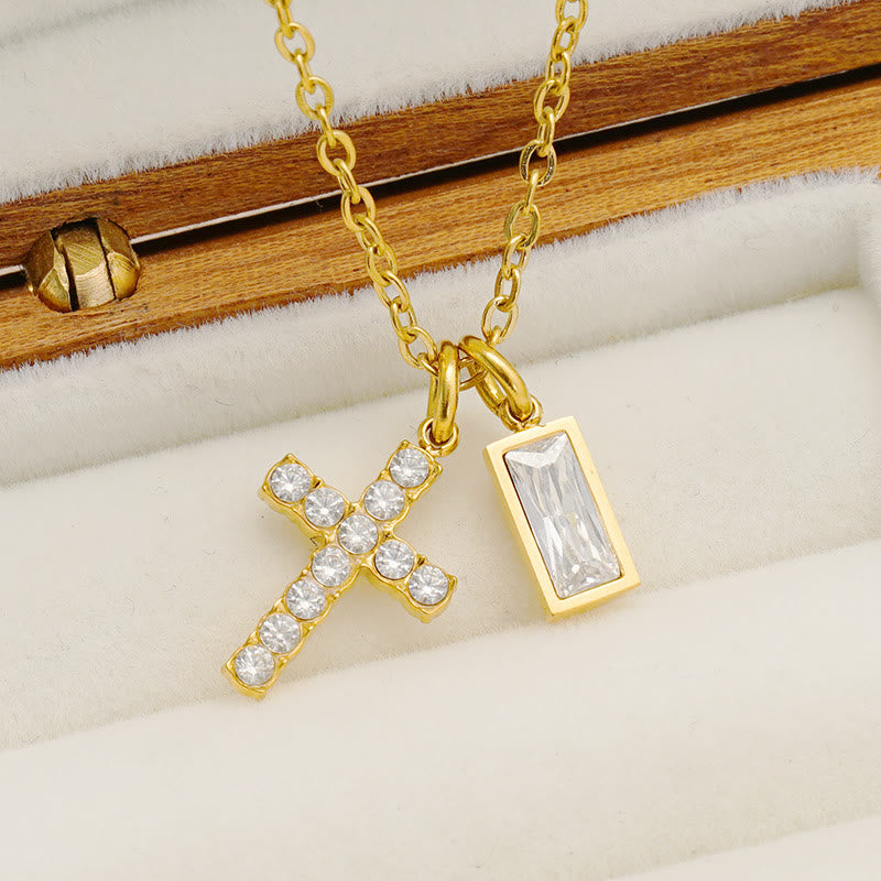 Christianartworkshop Custom Birth Month Rectangular Stone & Sparkle Cross Dual Charm Necklace: Timeless Emblem of Gentle Heavenly Guardianship - image 8