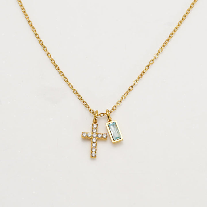 Christianartworkshop Custom Birth Month Rectangular Stone & Sparkle Cross Dual Charm Necklace: Timeless Emblem of Gentle Heavenly Guardianship - March - image 6