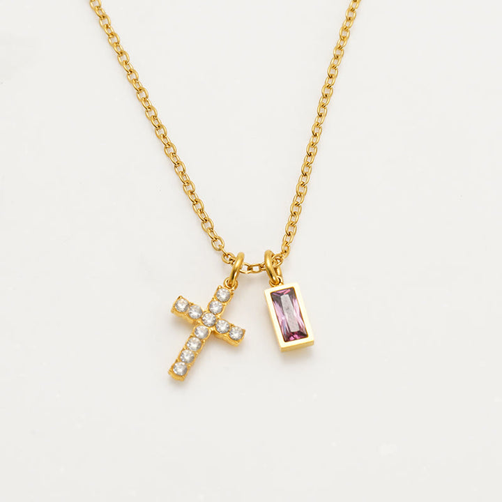 Christianartworkshop Custom Birth Month Rectangular Stone & Sparkle Cross Dual Charm Necklace: Timeless Emblem of Gentle Heavenly Guardianship - June - image 10