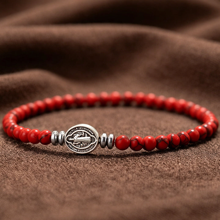 Christianartworkshop Saint Benedict Medal Natural Stone Bead Single Stretch Stackable Bracelet: Timeless Emblem of Gentle Heavenly Guardianship - Red Howlite - image 6