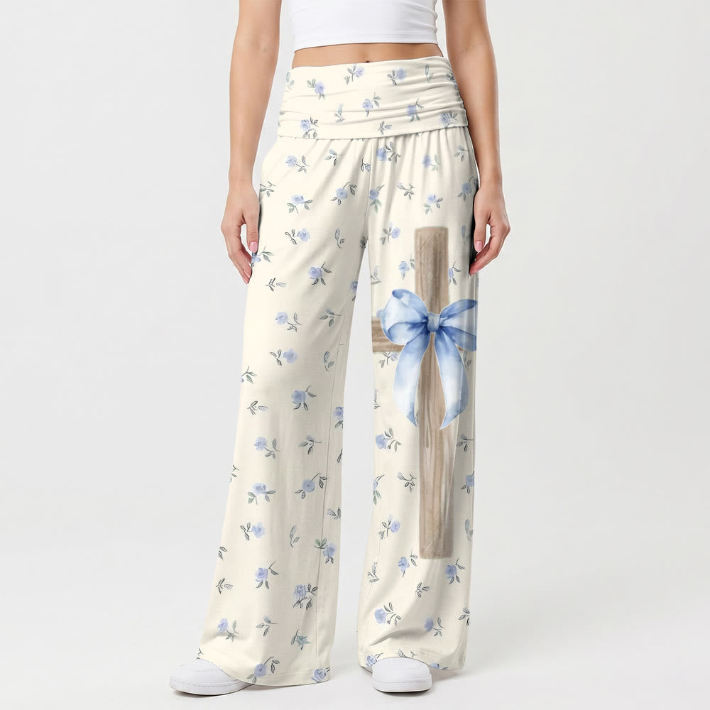 Christianartworkshop Watercolor Ditsy Floral Allover Print Wood Texture Cross Blue Bow Decoration Wide Leg Pants - US22,UK/AU26,EU54(6XL) - image 0