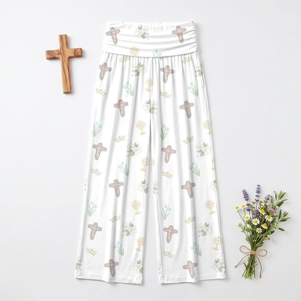 Christianartworkshop Ditsy Allover Print Crucifix Crown Eucharist White Blossom Tulip High Waist Wide Leg Pants - image 2