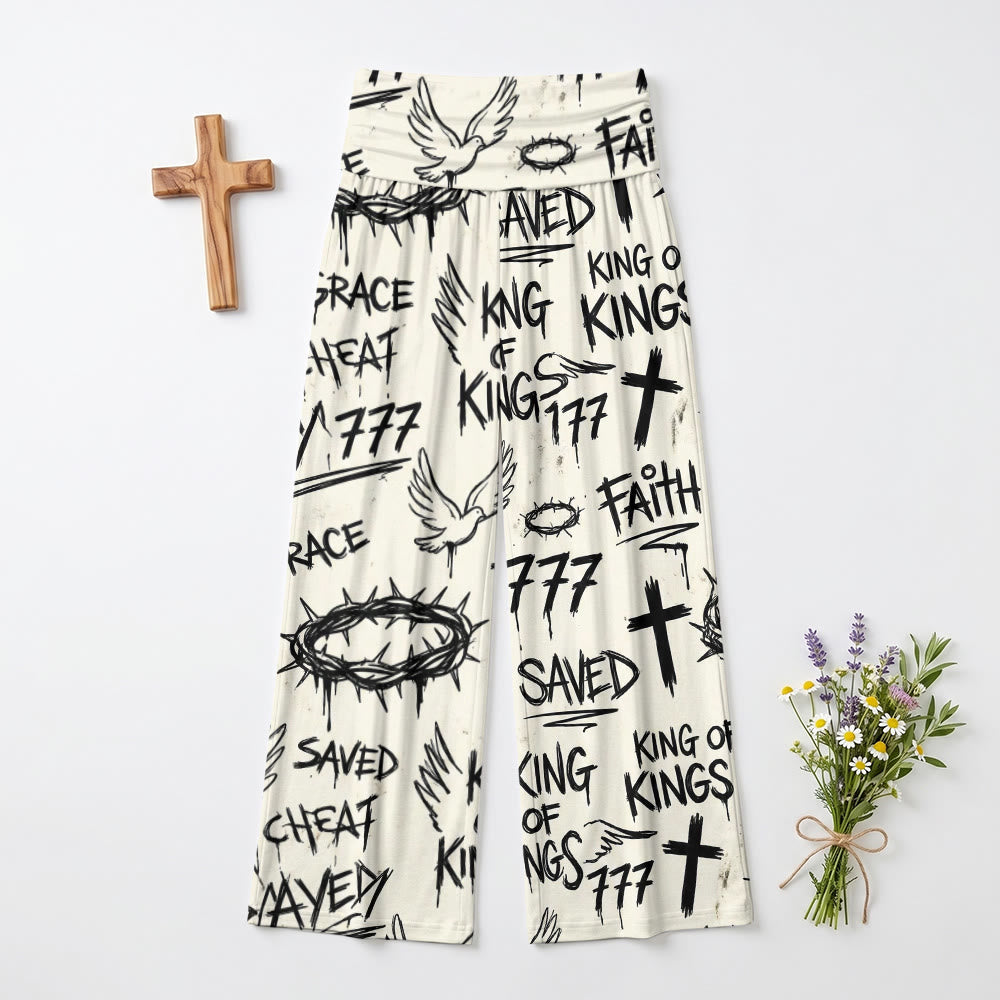 Christianartworkshop Graffiti Style Crown Of Thorns Dove Cross Faith Saved Text All‑Print High Waist Wide Leg Pants - image 2