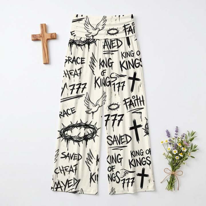 Christianartworkshop Graffiti Style Crown Of Thorns Dove Cross Faith Saved Text All‑Print High Waist Wide Leg Pants - image 2