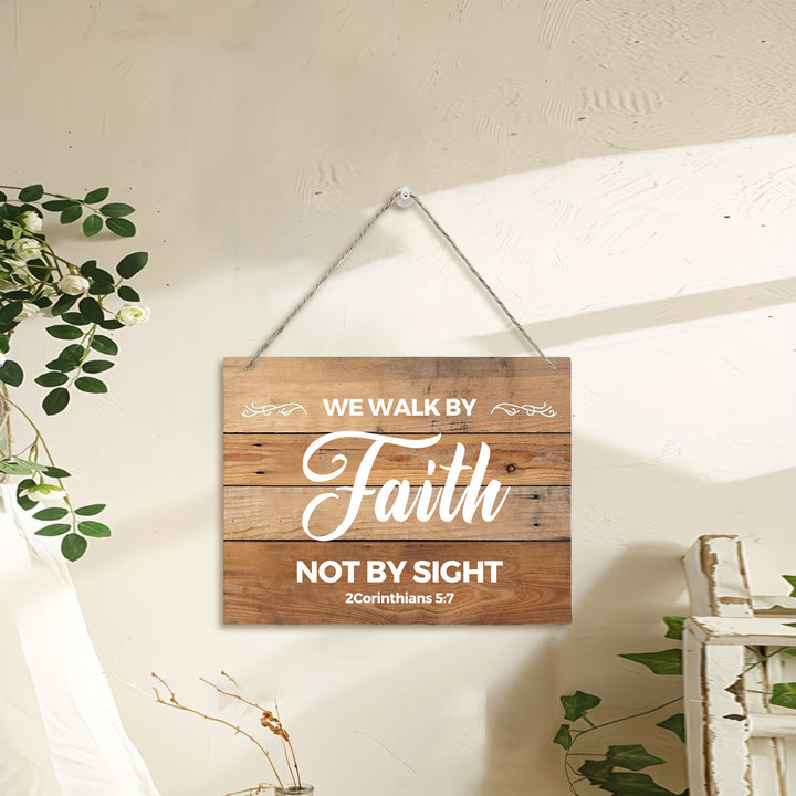 Christianartworkshop 2 Corinthians 5:7 Bible Verse Rustic Wooden Hanging Wall Decor: Emblem of Devotional Belief - image 0