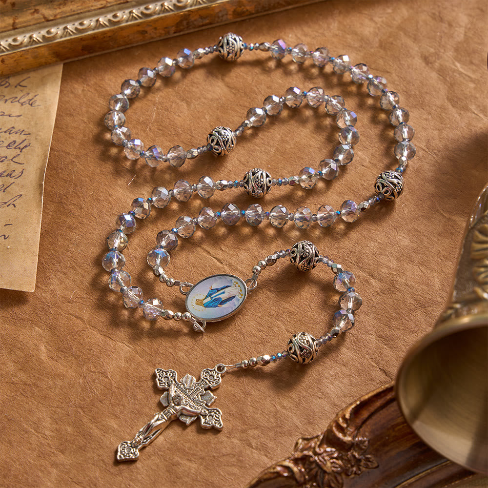 Christianartworkshop Iridescent Faceted Glass Rosary With Vintage Silver Spacers & Marian Enamel Medallion - Iridescent Beads Our Lady Rosary - image 0