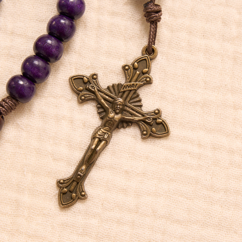 Christianartworkshop Purple Wooden Rosary With Bronze Crucifix & Embossed Holy Family Medallion - image 7