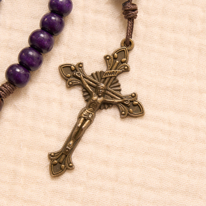 Christianartworkshop Purple Wooden Rosary With Bronze Crucifix & Embossed Holy Family Medallion - image 7
