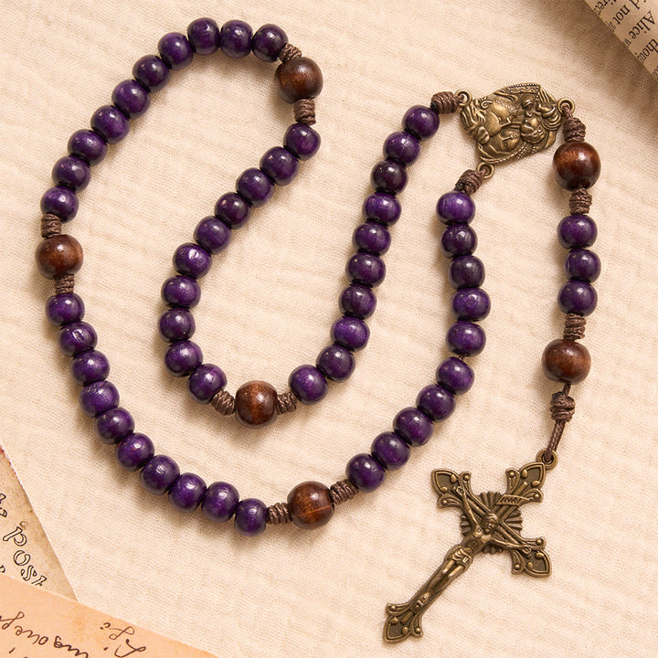 Christianartworkshop Purple Wooden Rosary With Bronze Crucifix & Embossed Holy Family Medallion - Purple Beads Rosary & Holy Family - image 0