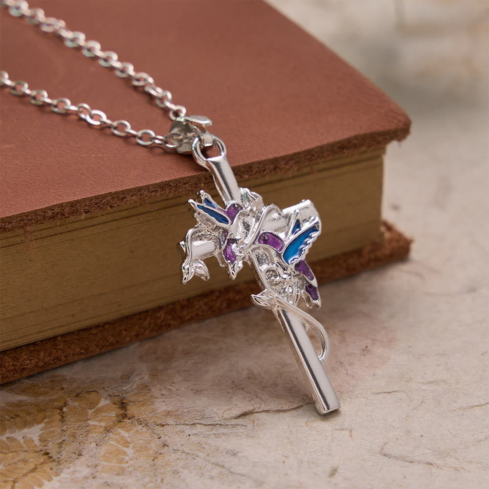 Christianartworkshop Hand Enamel Hummingbird Wrapped Slim Cross Chain Necklace: Emblem of Gentle Heavenly Blessing - image 2