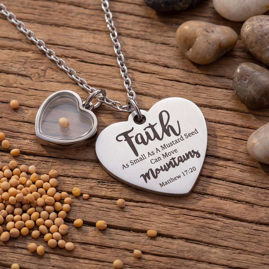 Christianartworkshop Dual Heart Locket Mustard Seed Matthew 17:20 Scripture Necklace: Emblem of Mighty Unwavering Faith - image 4