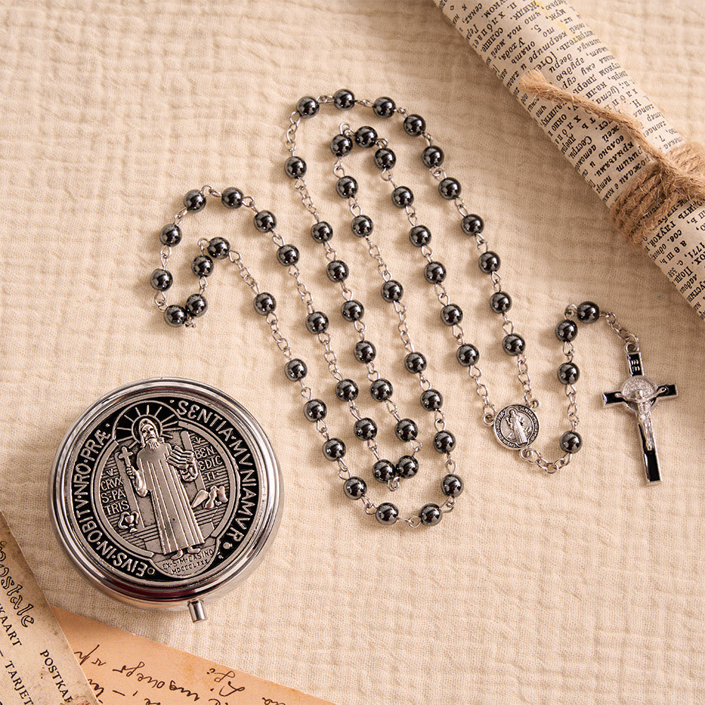 Christianartworkshop Portable Saint Benedict Hematite Rosary With Engraved Metal Storage Case - image 4