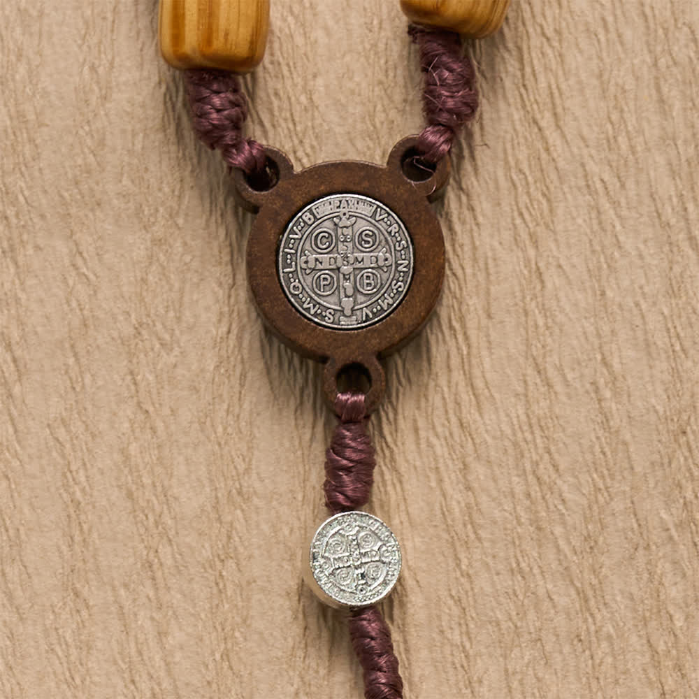 Christianartworkshop Natural Grain Barrel Timber Bead Knotted Cord Rosary With Mini Saint Benedict Medallions - image 5